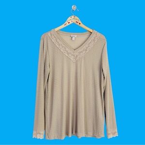 LOGO Layers by Lori Goldstein V- Neck Waffle Mesh Top w/Lace Trim Taupe M